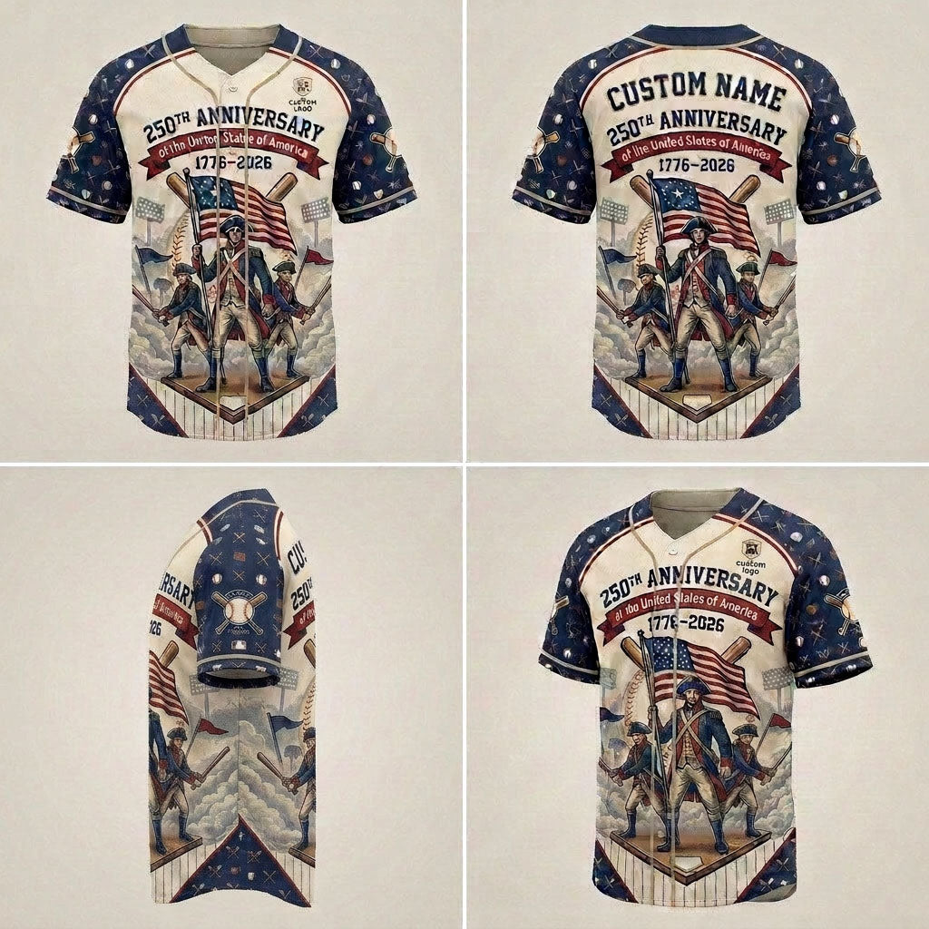 Product grid showing multiple views of the Revolutionary soldiers baseball jersey