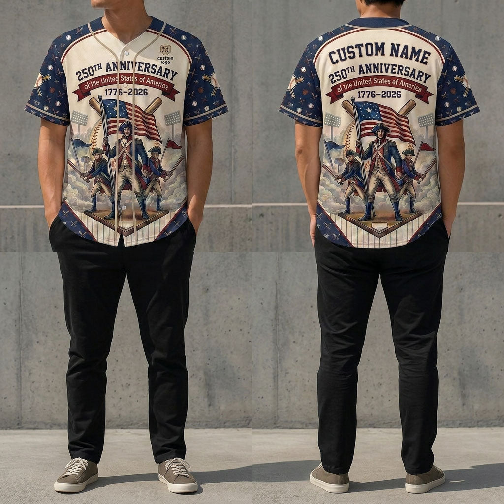 Front and back view of the 250th anniversary Revolutionary soldiers baseball jersey