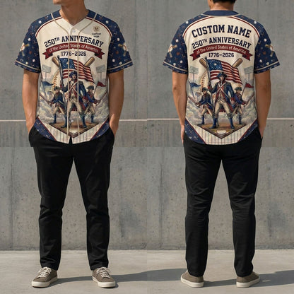 Front and back view of the 250th anniversary Revolutionary soldiers baseball jersey