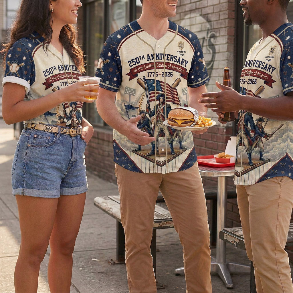 Group of people wearing commemorative 250th anniversary baseball jerseys