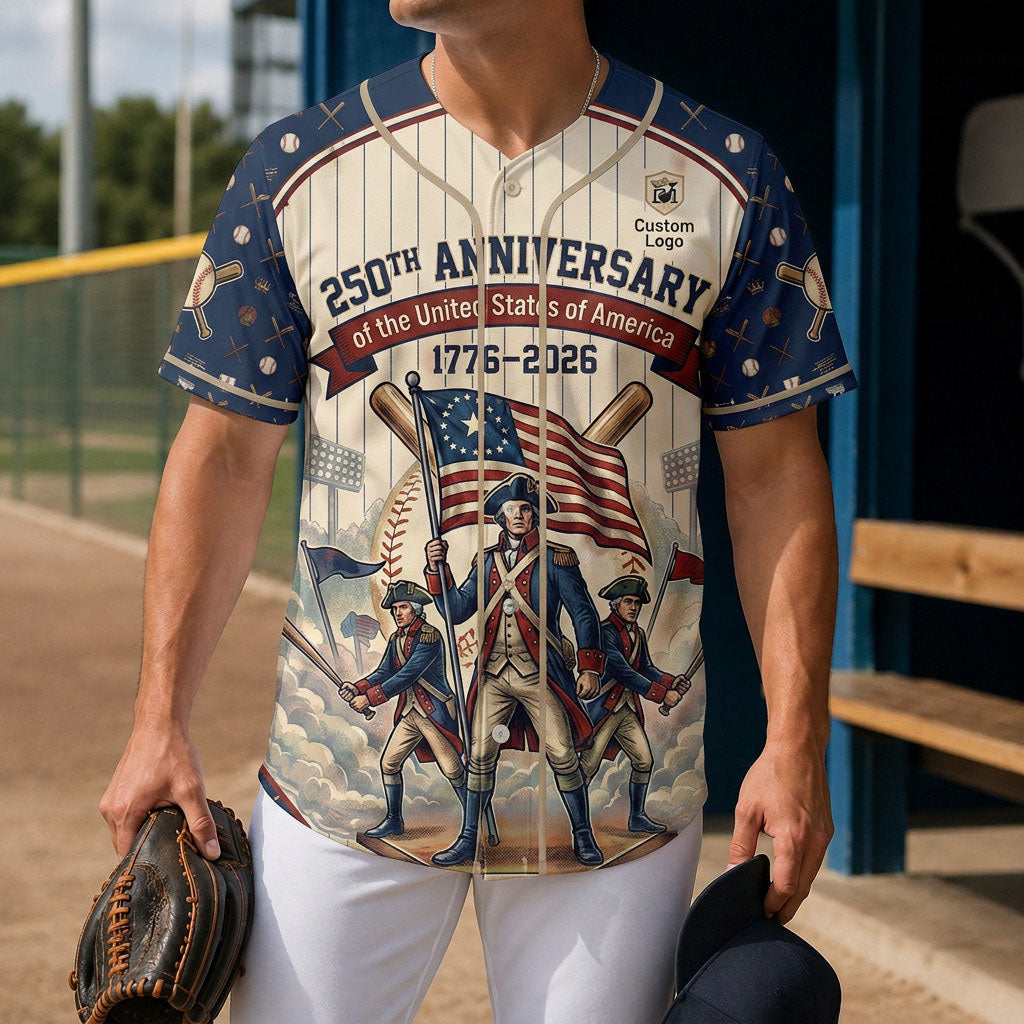 Model wearing the Revolutionary soldiers 250th anniversary baseball jersey