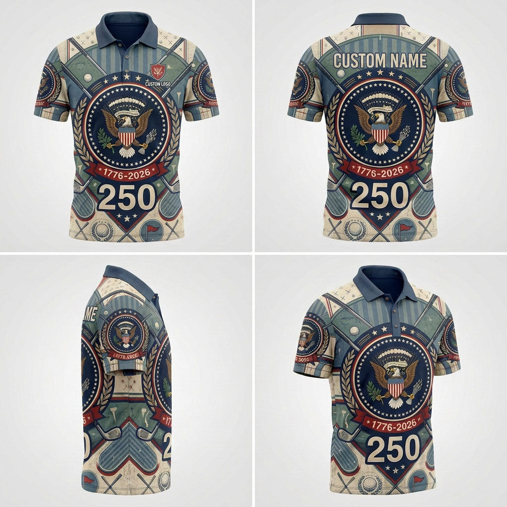 Different viewing angles of the USA 250th anniversary commemorative polo