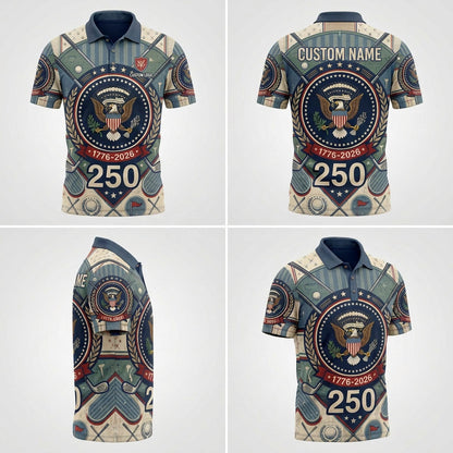 Different viewing angles of the USA 250th anniversary commemorative polo