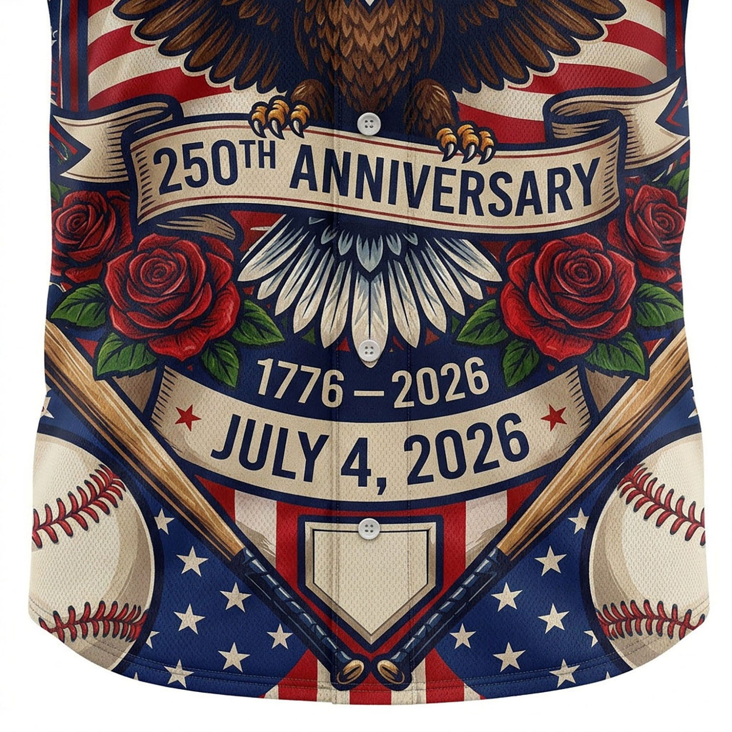 Close-up detail of the 250th Anniversary badge, baseball graphics, and vintage floral elements on a custom baseball jersey