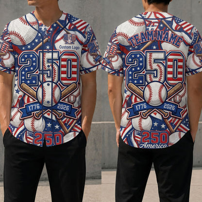 Front and back view of a 250th anniversary baseball jersey with patriotic USA flag and baseball graphics
