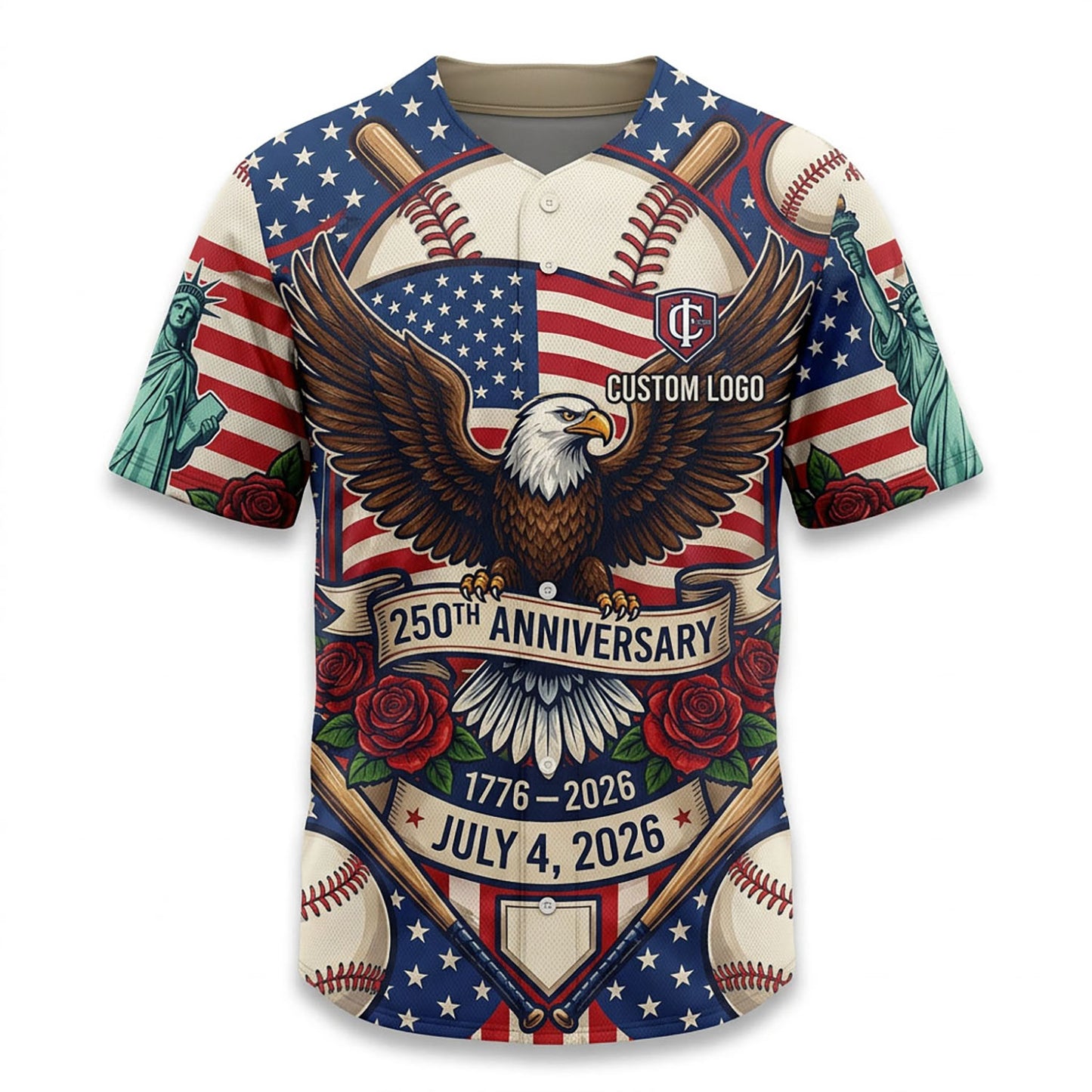 A group of people wearing custom 250th Anniversary baseball legend jerseys, perfect for July 4th celebrations and baseball fans
