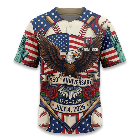A group of people wearing custom 250th Anniversary baseball legend jerseys, perfect for July 4th celebrations and baseball fans