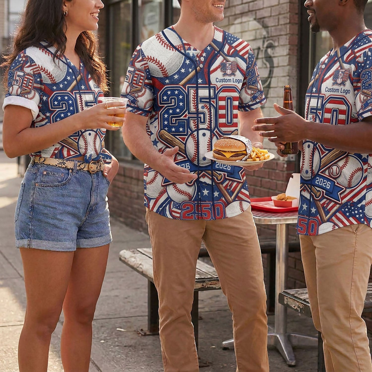 Three people wearing 250th anniversary baseball jerseys in a casual outdoor setting