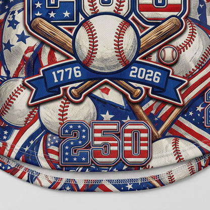 Close-up of the 250th anniversary graphic, 1776-2026 dates, and baseball elements on a commemorative jersey