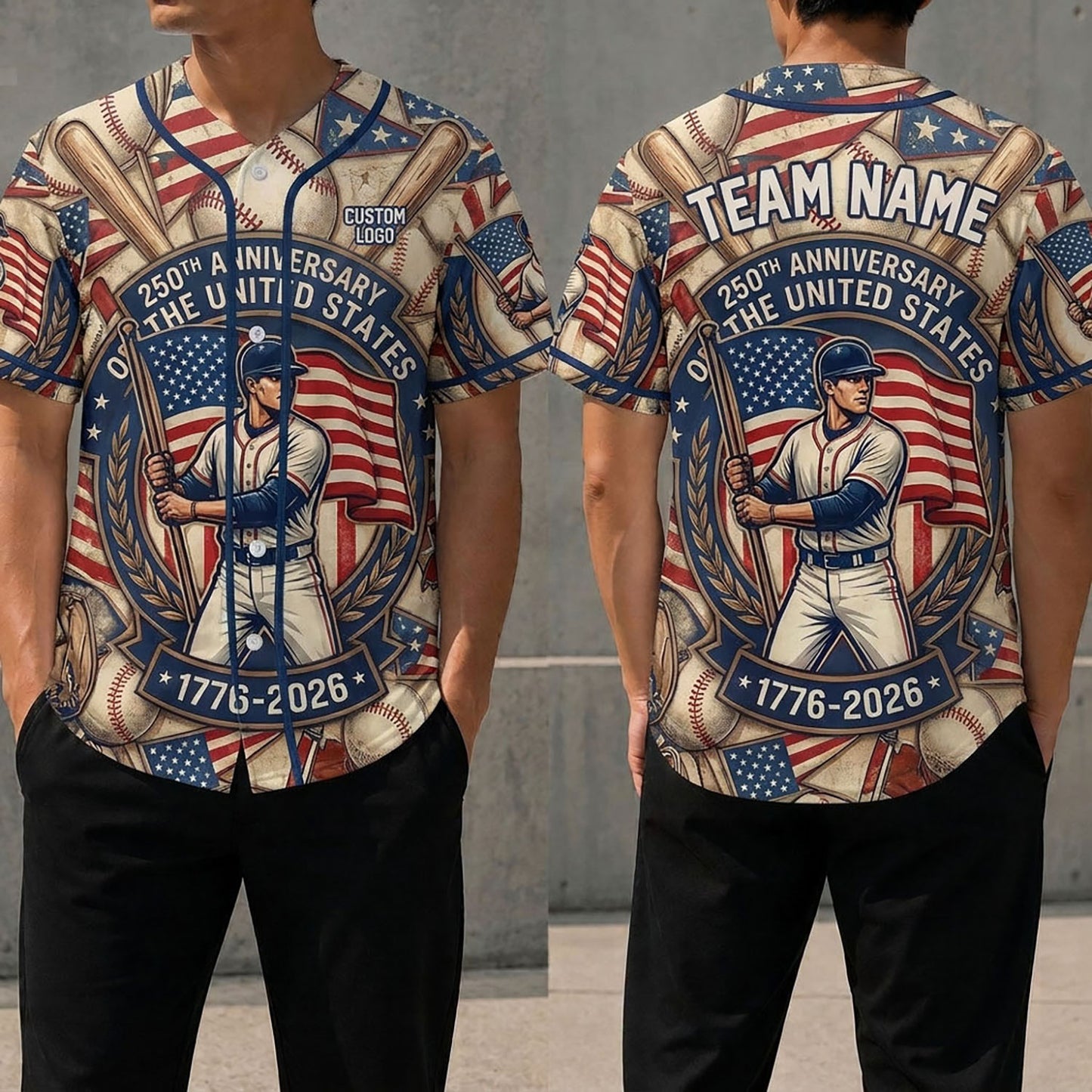 Front and back view of a 250th anniversary baseball legend jersey with American flag and commemorative dates