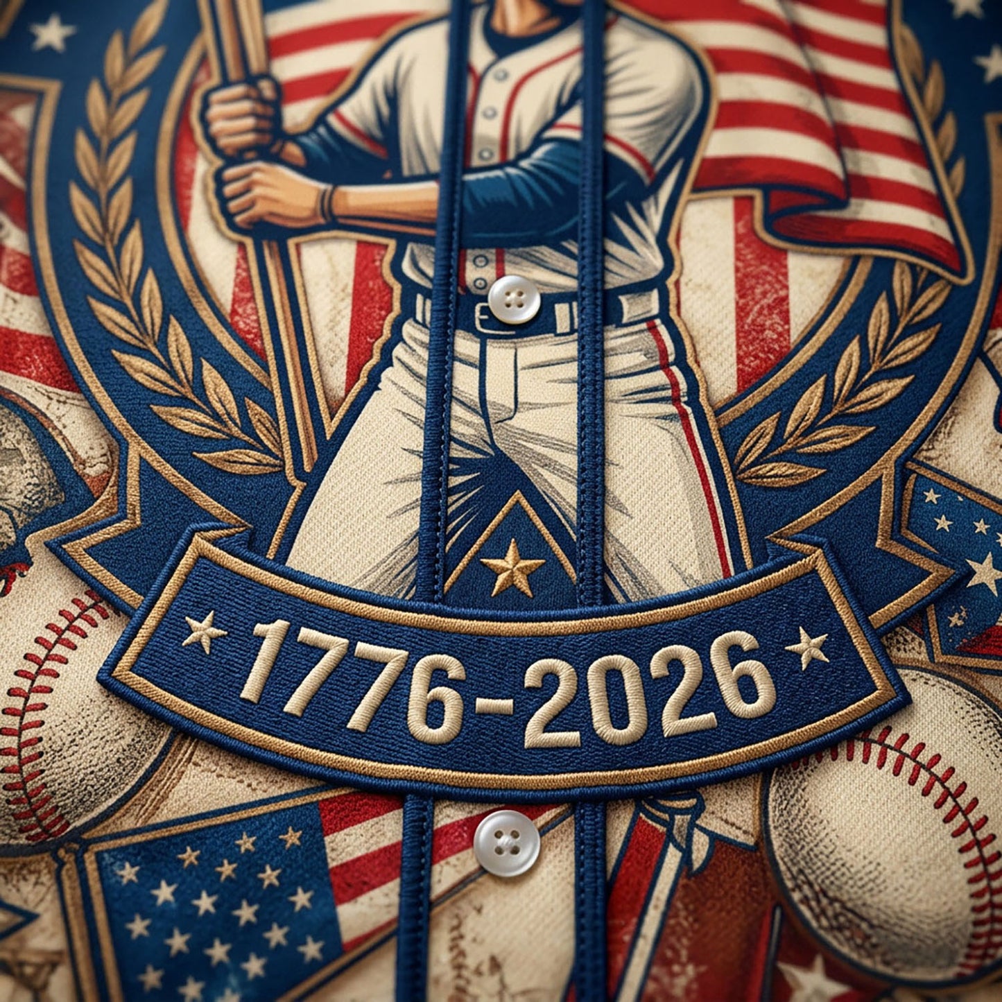 Close-up of the vintage baseball player illustration and 1776-2026 anniversary badge on the jersey