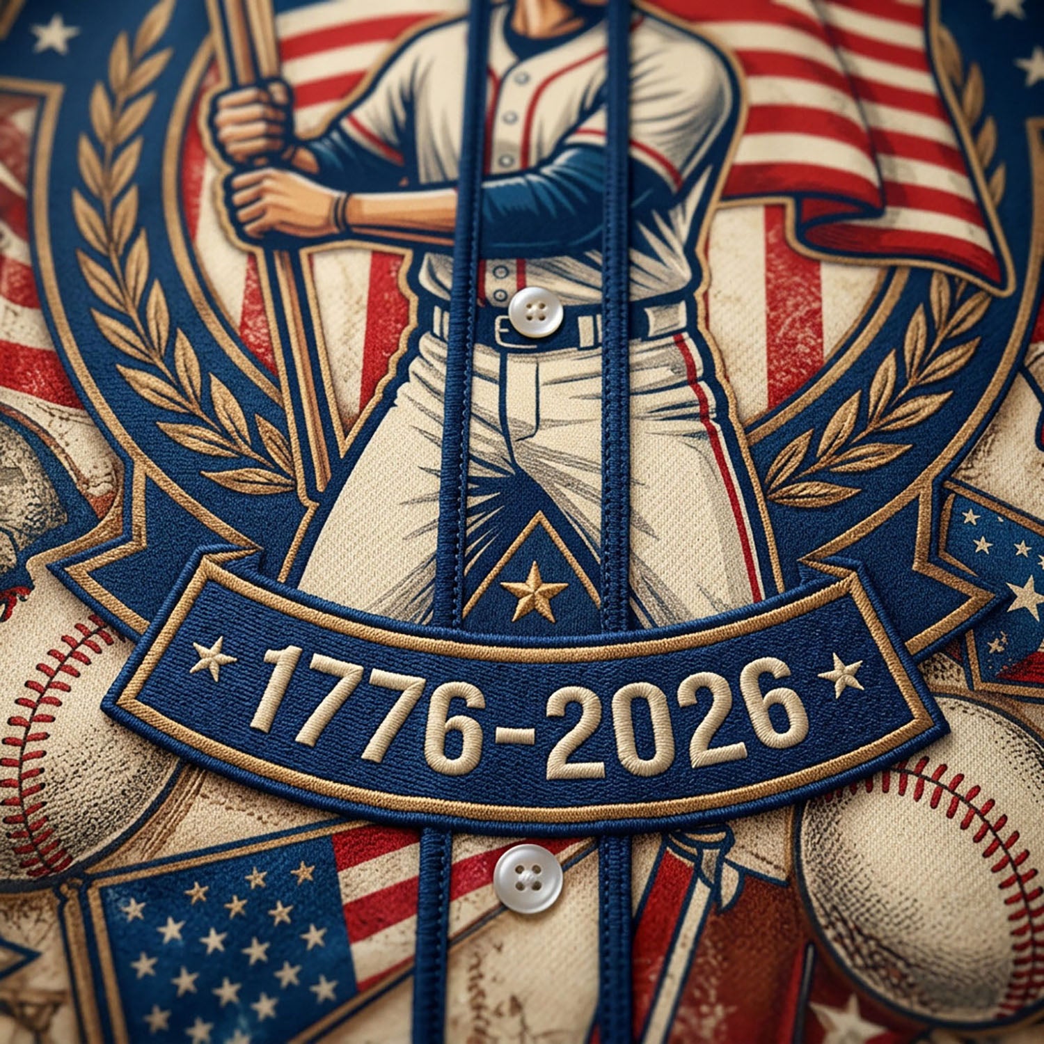 Close-up of the vintage baseball player illustration and 1776-2026 anniversary badge on the jersey
