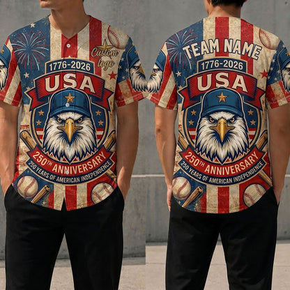 Front and back view of a 250th anniversary USA baseball jersey featuring a bald eagle in a baseball cap