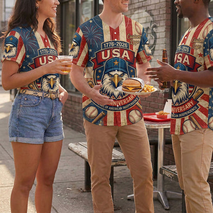 Three people wearing 250th anniversary eagle baseball jerseys in a casual outdoor setting
