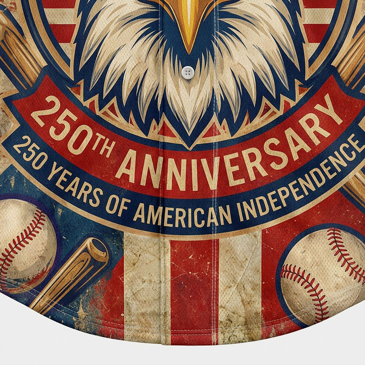 Close-up of the eagle in a baseball cap and "250 years of American independence" text on a commemorative jersey