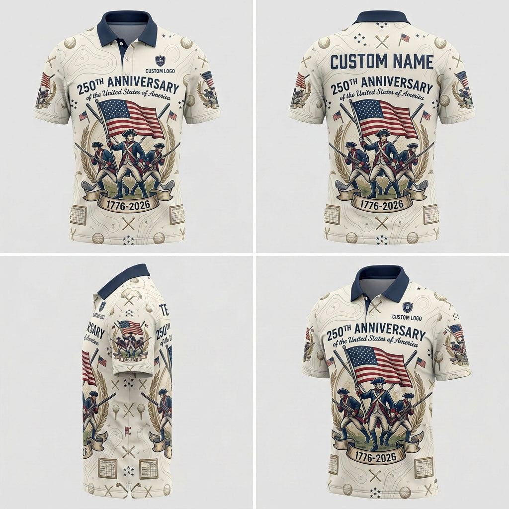 Multiple angles of the 250th anniversary US Revolutionary War golf polo