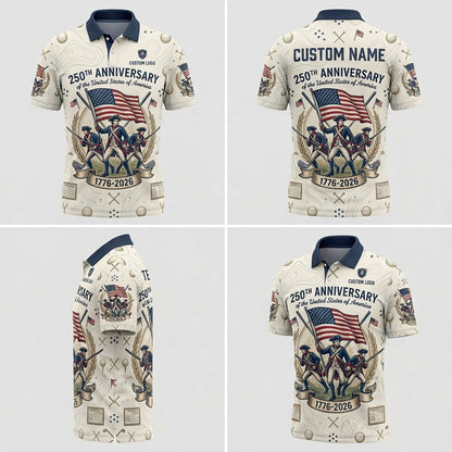 Multiple angles of the 250th anniversary US Revolutionary War golf polo