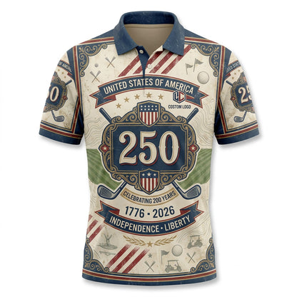 Flatlay view of vintage-inspired Independence & Liberty golf shirt