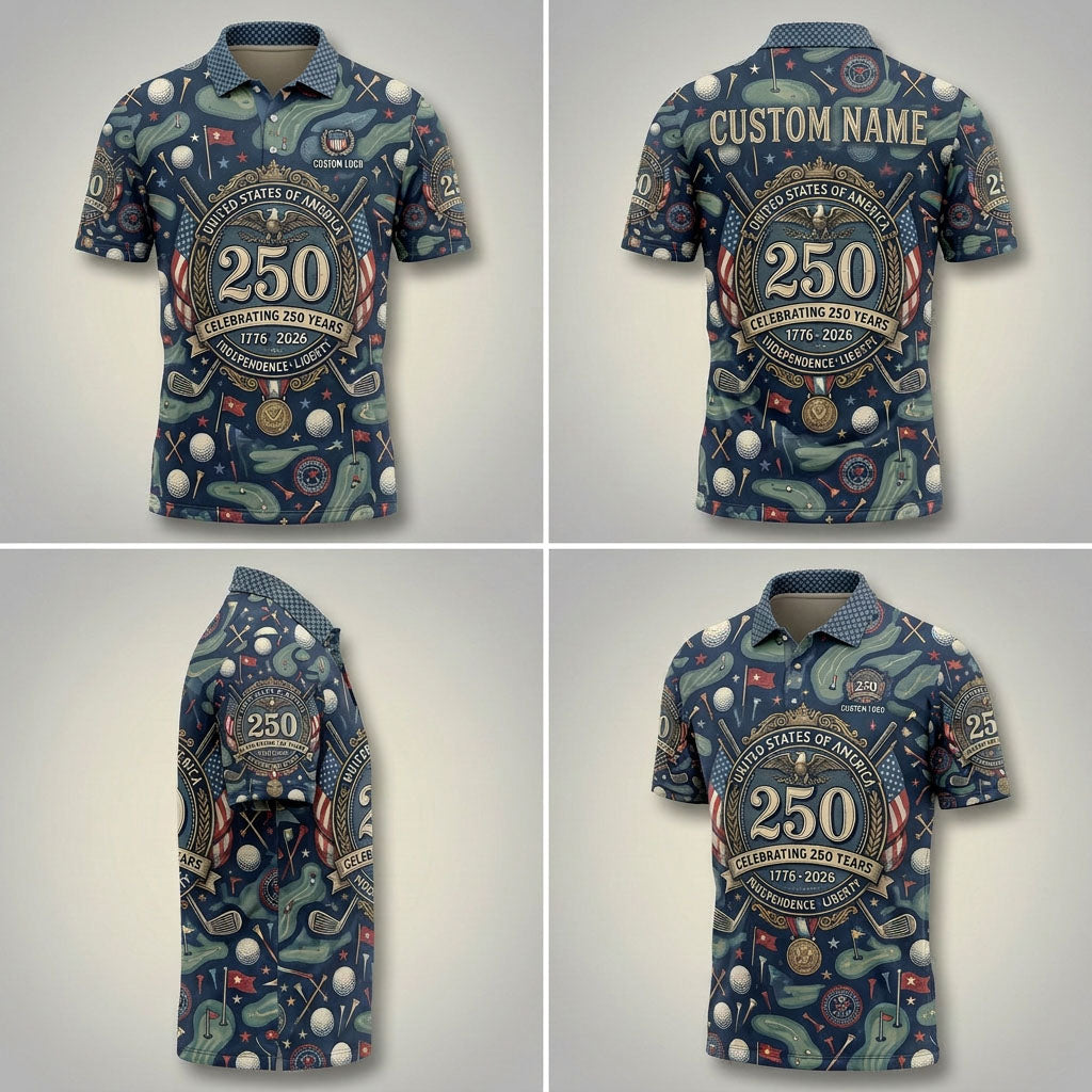 Multiple angles of the navy 250th Anniversary golf polo