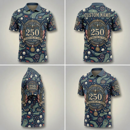 Multiple angles of the navy 250th Anniversary golf polo