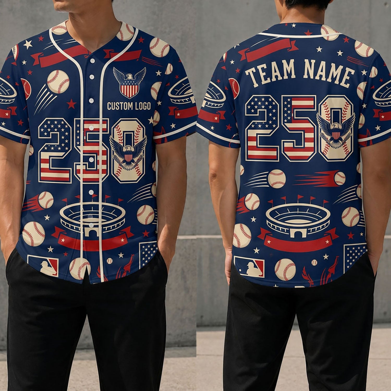 Front and back view of a 250th anniversary baseball stadium jersey with American flag motifs and baseball stadium graphics