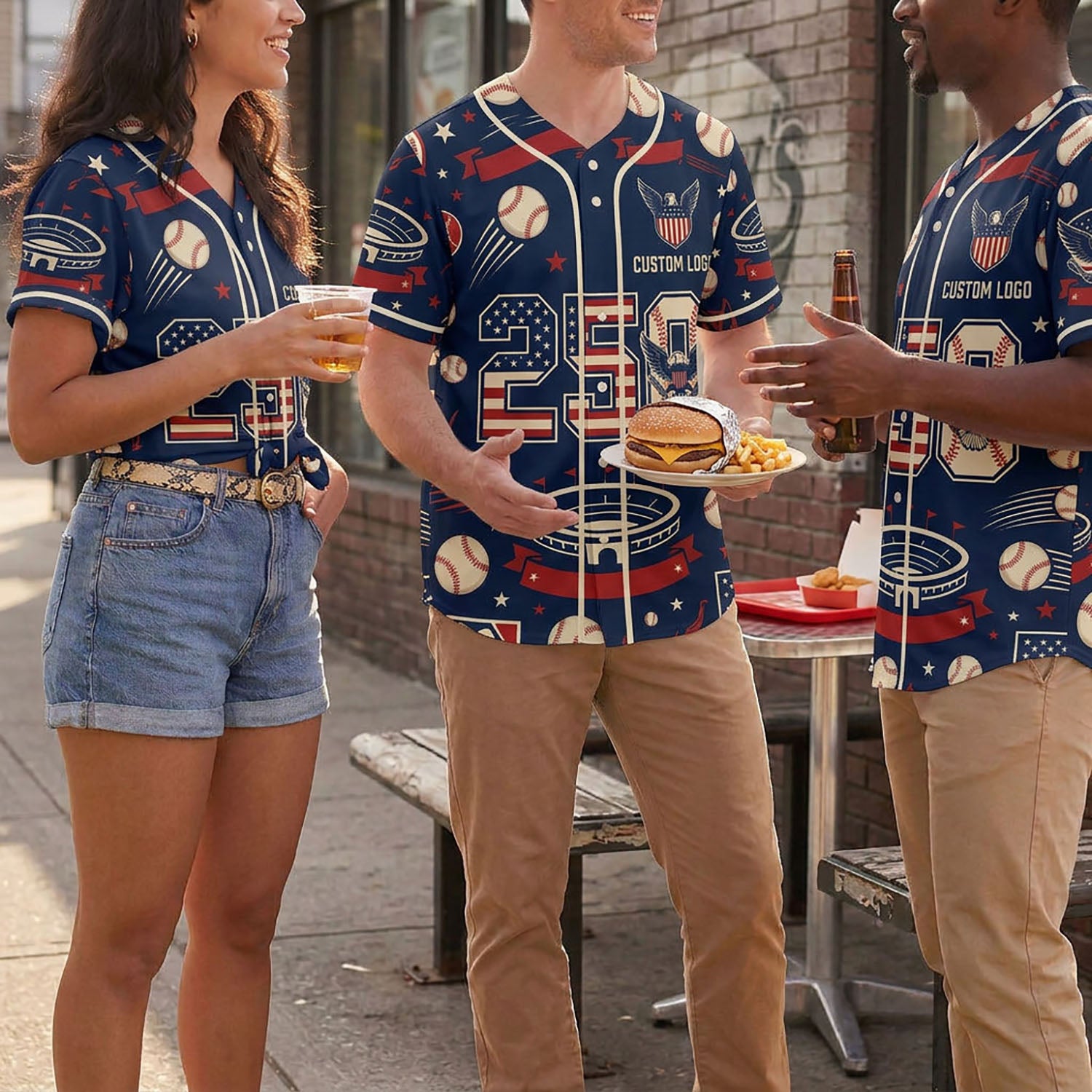 Three people wearing 250th anniversary stadium baseball jerseys in a casual outdoor setting