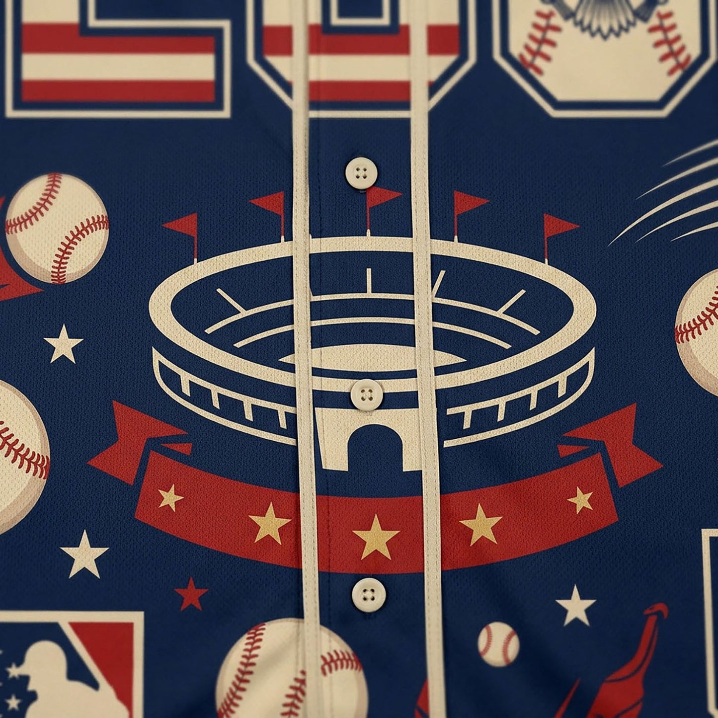 Close-up of the baseball stadium print and stars on a commemorative 250th anniversary jersey