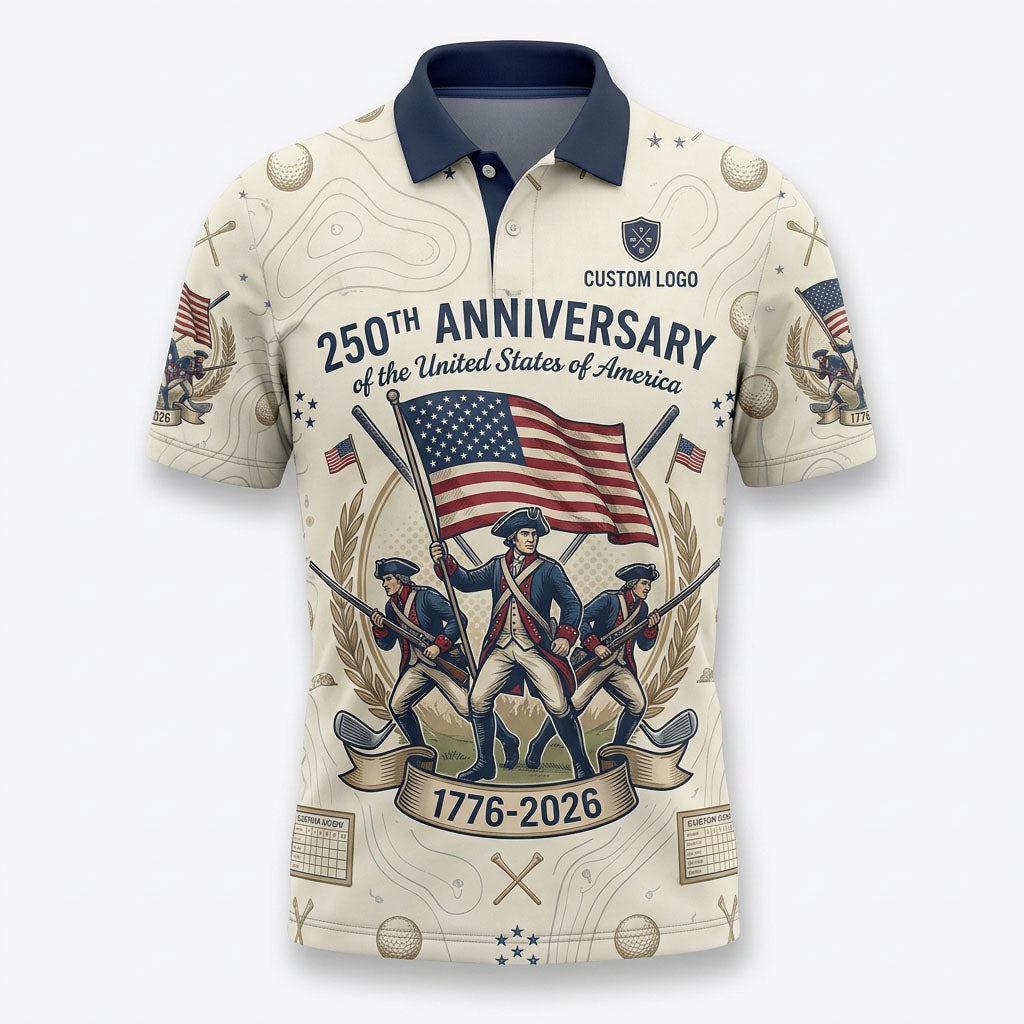 Flatlay view of white 250th Anniversary USA patriotic golf shirt