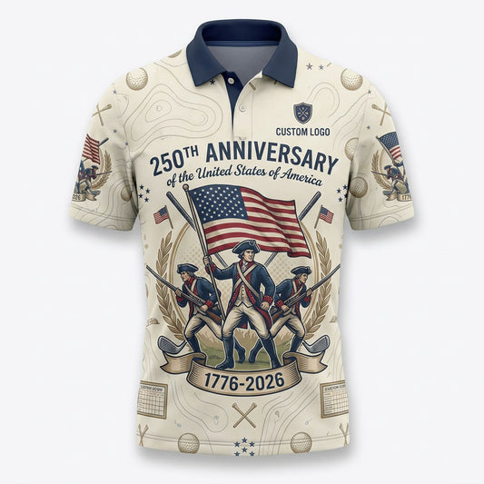 Flatlay view of white 250th Anniversary USA patriotic golf shirt