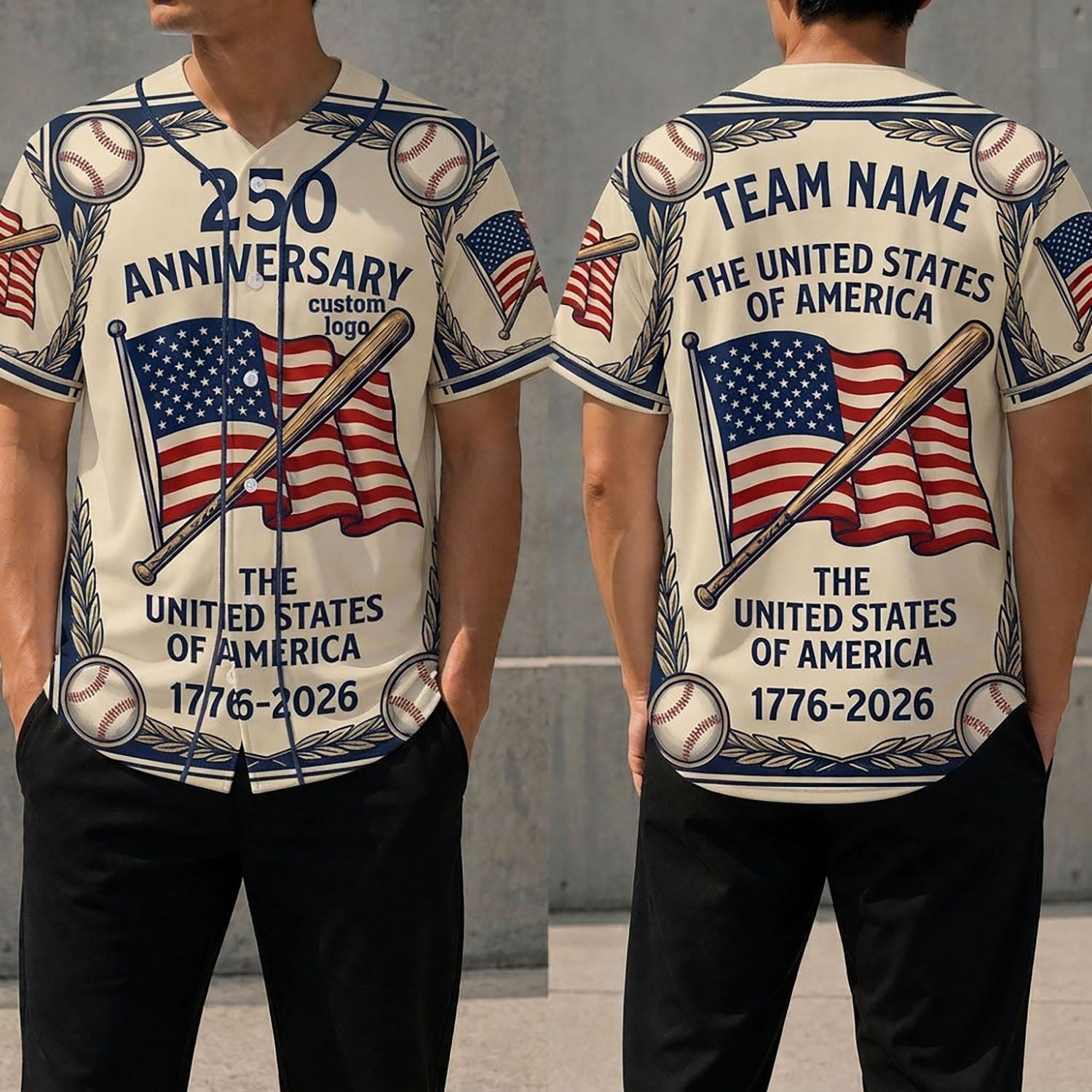 Front and back view of a 250th anniversary USA baseball jersey featuring the American flag and baseball design