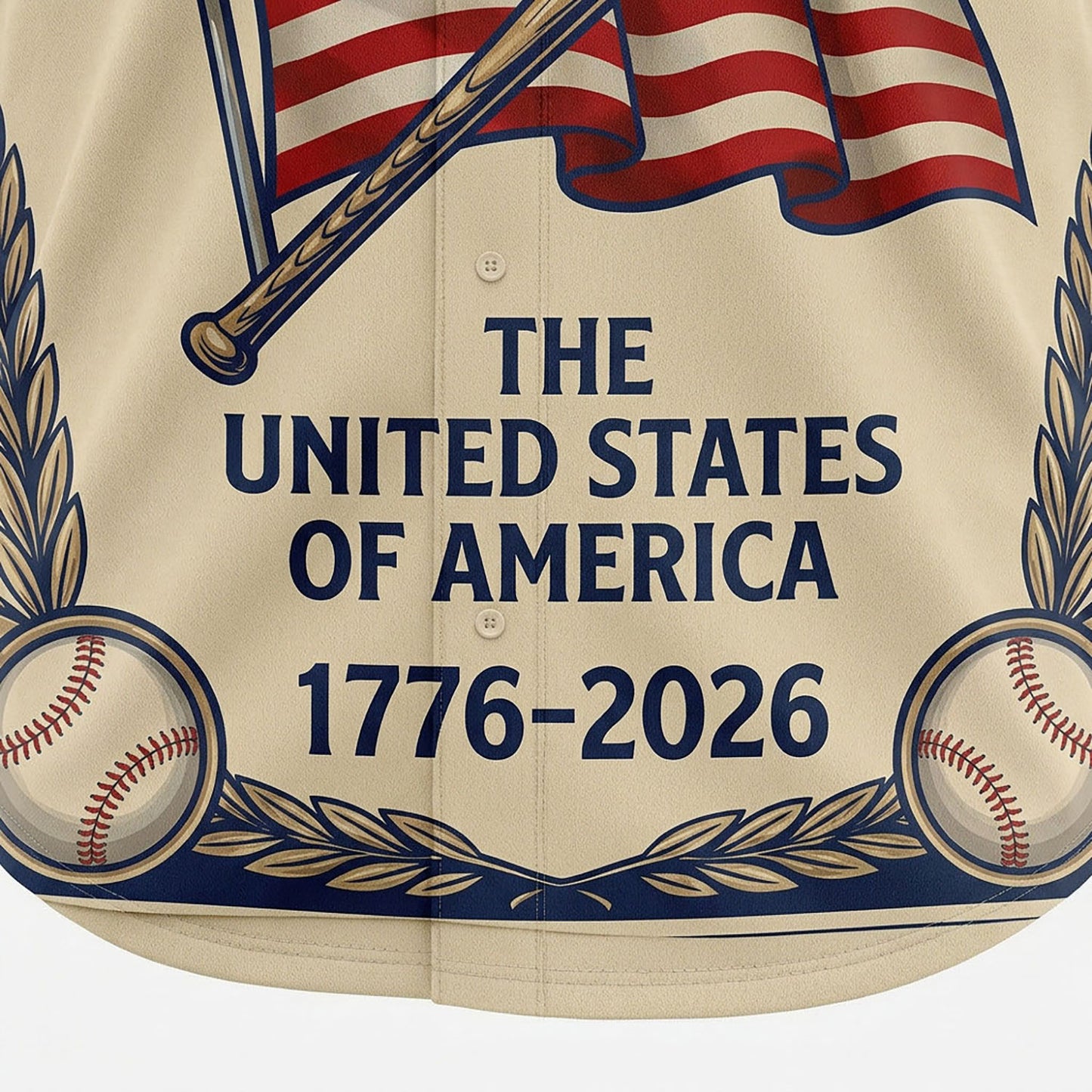 Close-up of the "The United States of America 1776-2026" text and baseball graphic on a commemorative jersey