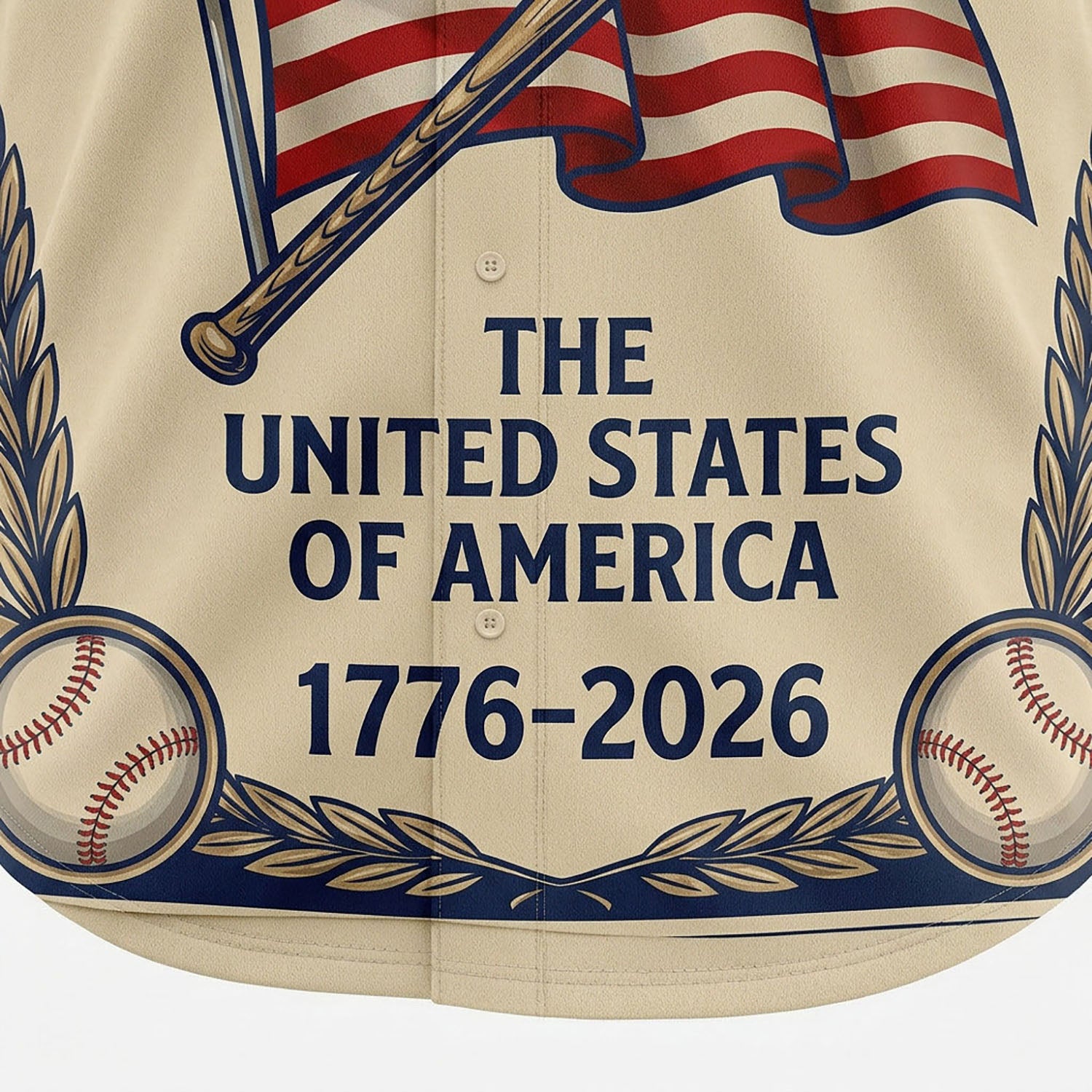 Close-up of the "The United States of America 1776-2026" text and baseball graphic on a commemorative jersey