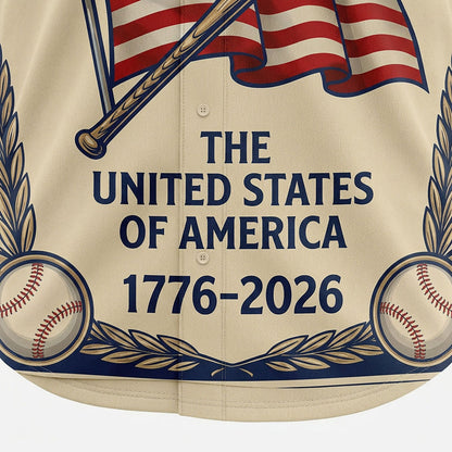 Close-up of the "The United States of America 1776-2026" text and baseball graphic on a commemorative jersey