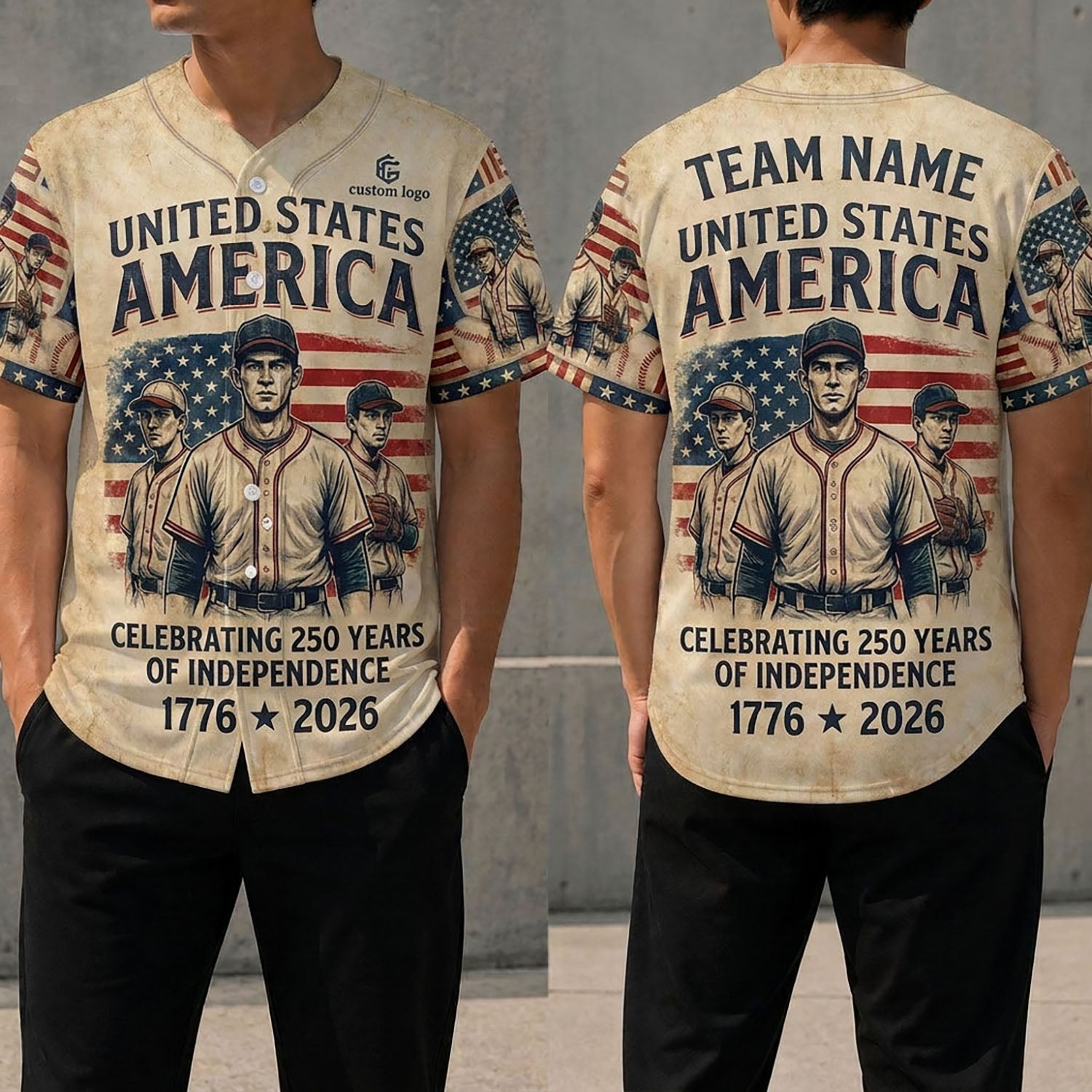 Front and back view of a 250th anniversary of independence baseball jersey featuring classic players and USA flag