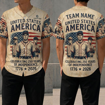 Front and back view of a 250th anniversary of independence baseball jersey featuring classic players and USA flag