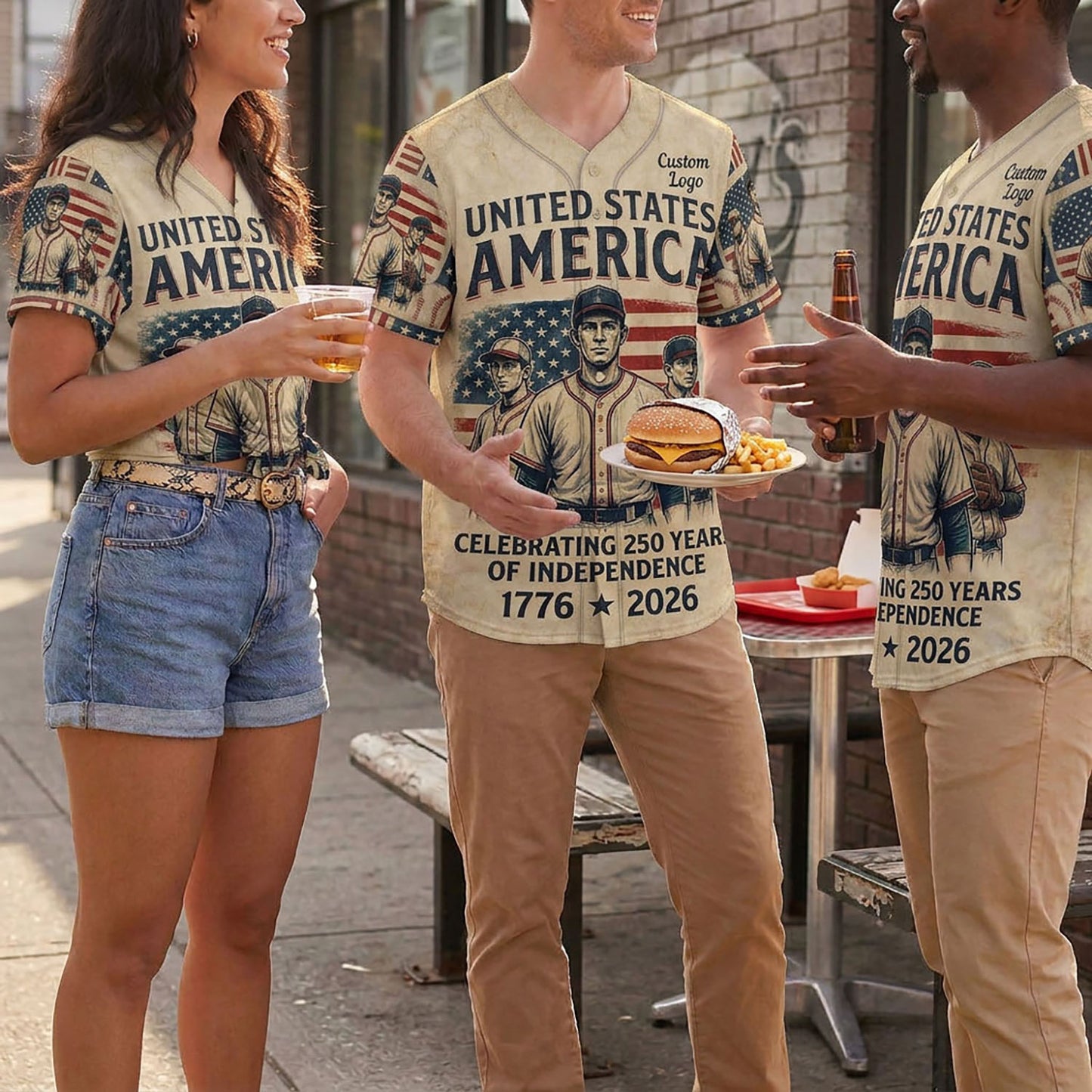 Three people wearing 250th independence baseball jerseys in a casual outdoor setting