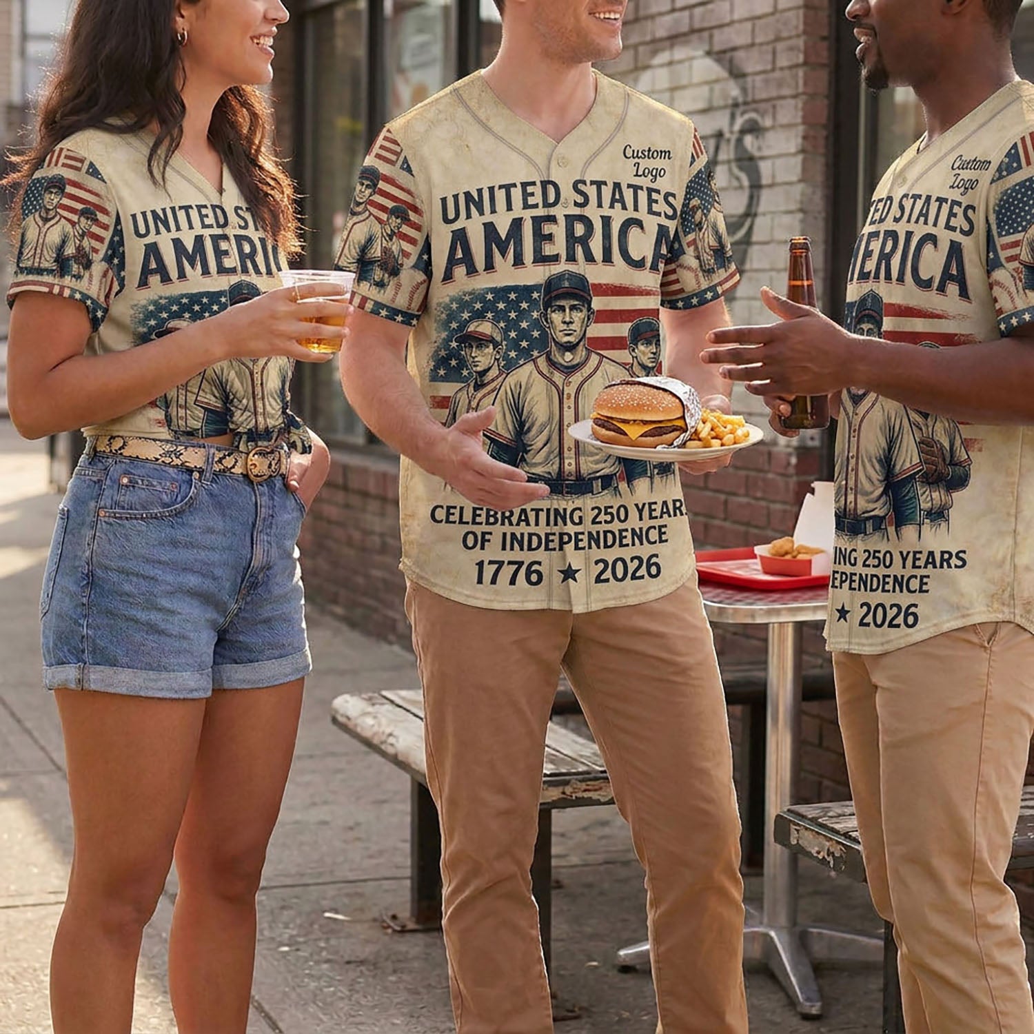 Three people wearing 250th independence baseball jerseys in a casual outdoor setting