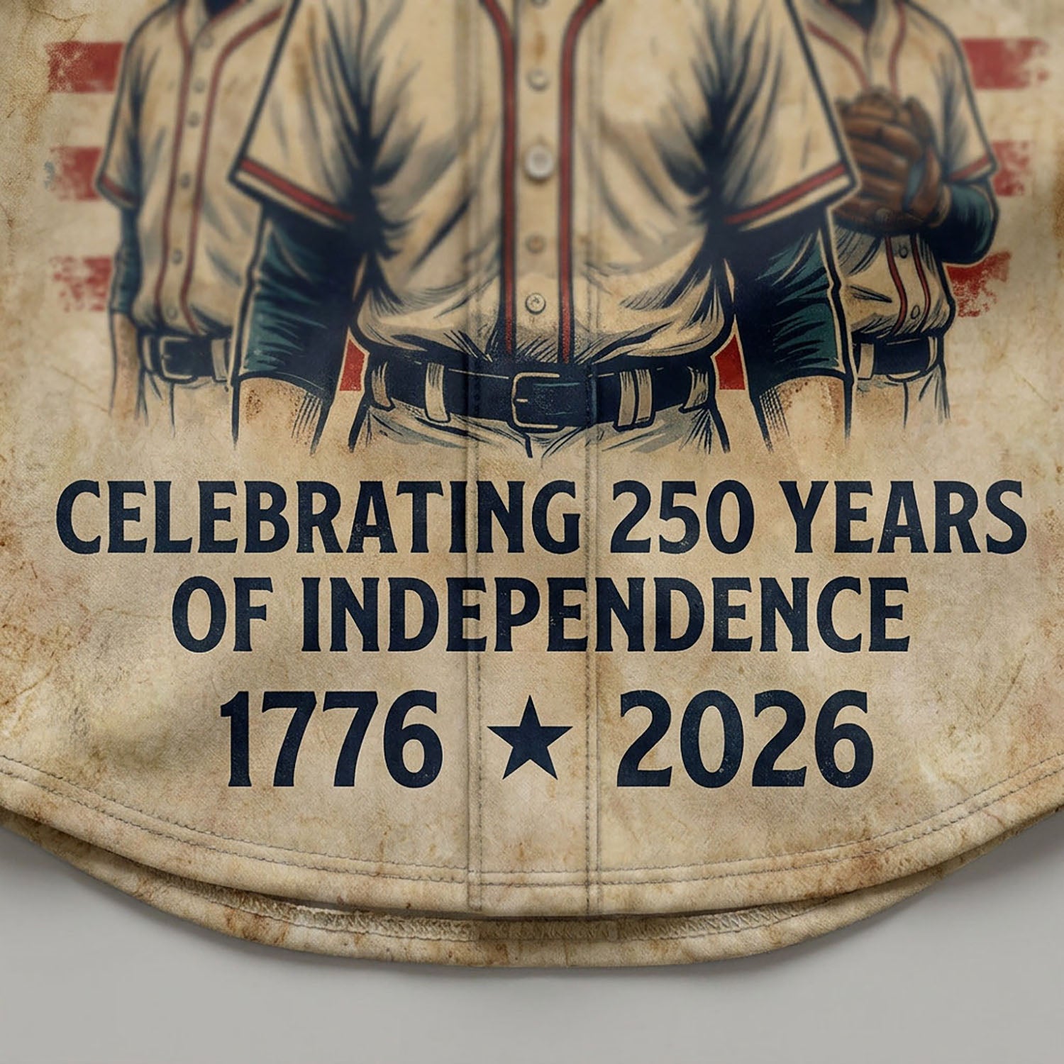 Close-up of the vintage baseball player illustration and 1776-2026 independence text on a commemorative jersey