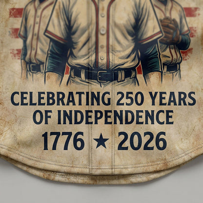 Close-up of the vintage baseball player illustration and 1776-2026 independence text on a commemorative jersey