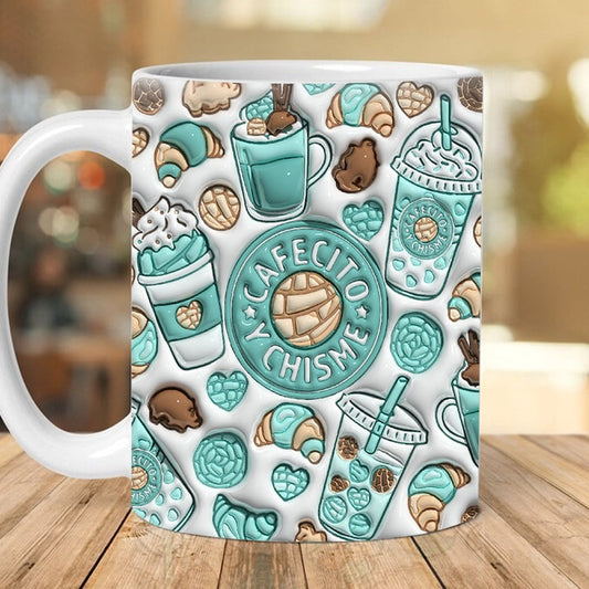 3D Cafecito Y Chisme Green Mint Inflated Mug, 3D Coffee Mug, Cute 3D Inflated Mug, Birthday Gift, Christimas Gift