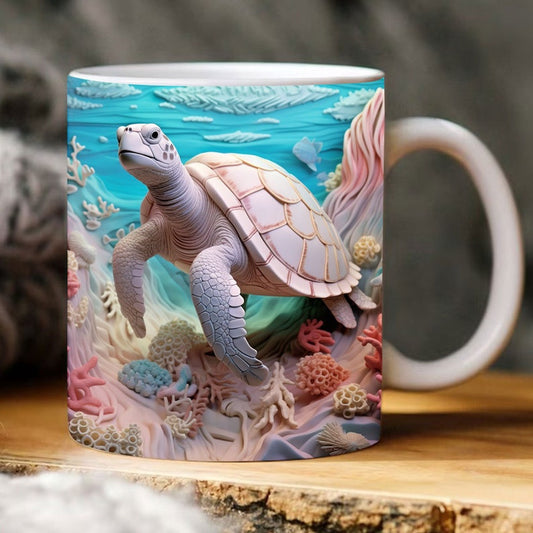 3D Colorful Sea Turtle Mug Sublimation Png, 3D Coffee Mug, Cute 3D Inflated Mug, Birthday Gift, Christimas Gift