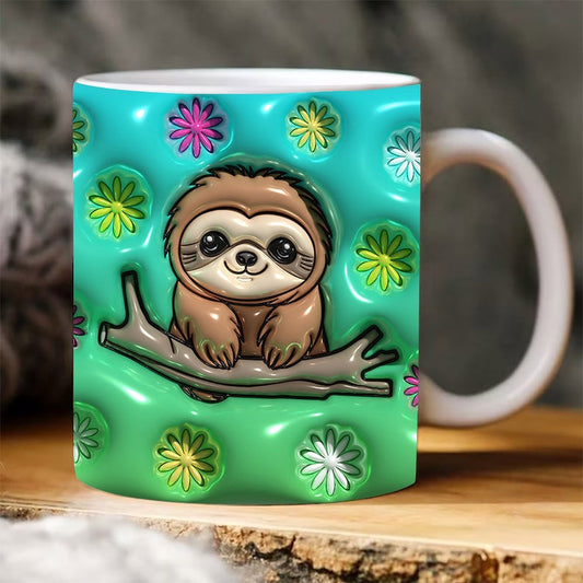 3D Cute Sloth Flowers Inflated Mug, 3D Coffee Mug, Cute 3D Inflated Mug, Birthday Gift, Christimas Gift