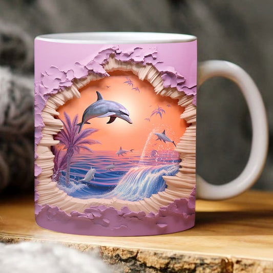 3D Dolphin Crack Hole Mug, 3D Coffee Mug, Cute 3D Inflated Mug, Birthday Gift, Christimas Gift