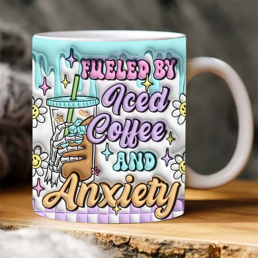 3D Fueled By Iced Coffee And Anxiety Inflated Mug, 3D Coffee Mug, Cute 3D Inflated Mug, Birthday Gift, Christimas Gift