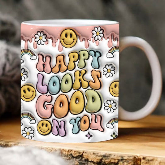 3D Happy Looks Good On You Inflated Mug, 3D Coffee Mug, Cute 3D Inflated Mug, Birthday Gift, Christimas Gift