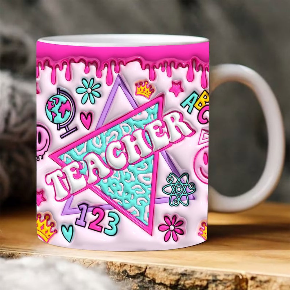 3D Inflated Teacher Mug, 3D Pink Retro Teacher Mug, Teacher 3D Coffee Mug, Back To School Mug