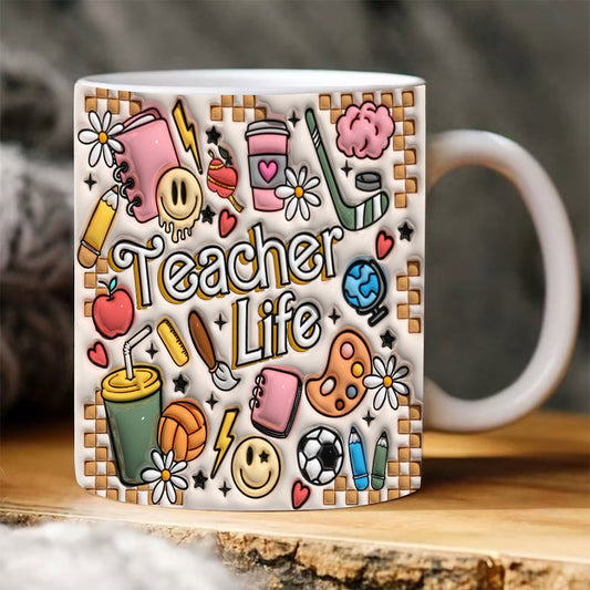 3D Inflated Teacher Mug, 3D Rustic Teacher Life Inflated Mug, Teacher 3D Coffee Mug, Back To School Mug