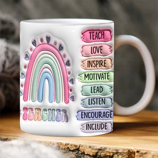 3D Inflated Teacher Mug, 3D Teacher Rainbow Puffy Mugs, Teacher 3D Coffee Mug, Back To School Mug