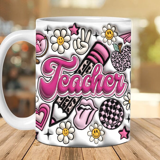 3D Inflated Teacher Mug, 3D Teacher Smiley Face Puffy Mugs, Teacher 3D Coffee Mug, Back To School Mug