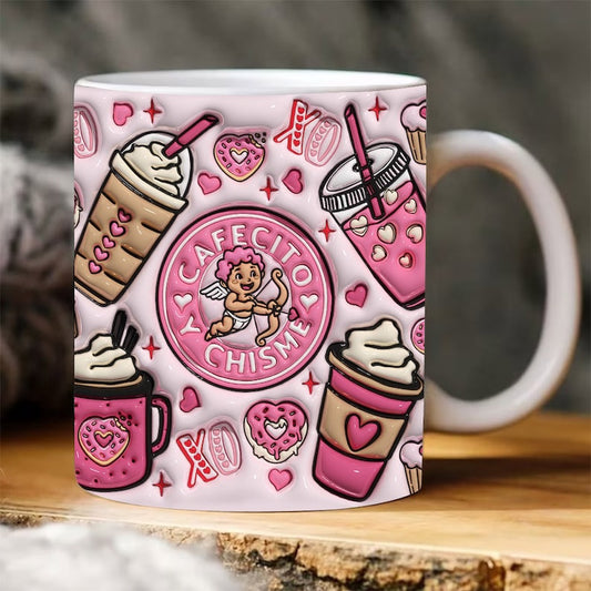 3D Inflated Valentine's Mug, 3D Cafecito Y Chisme Inflated Mug, Valentines Coffee Puffy Mug, Valentine 3D Coffee Mug, Gift For Her